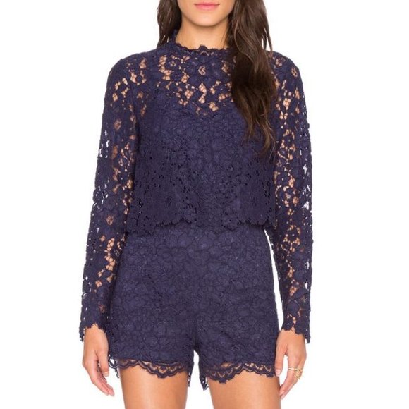 SAYLOR Pants - Saylor Sz S Women's Blue Lace Fabric Scalloped Edges Savannah Long Sleeve Romper